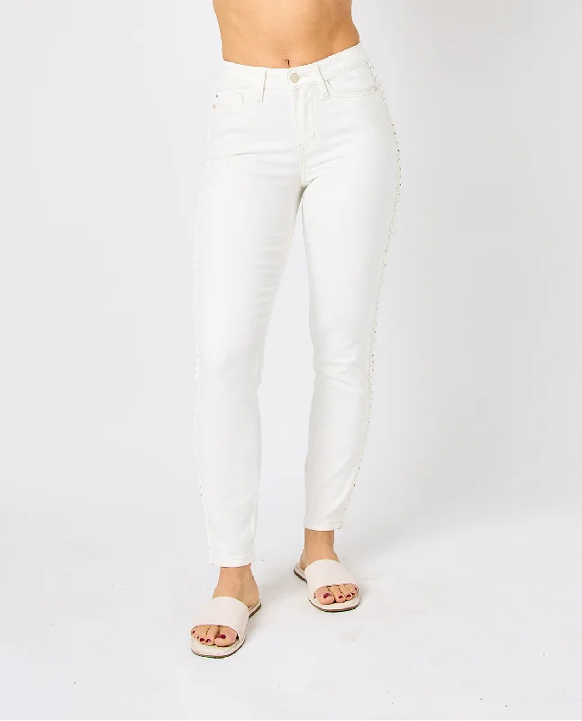 Women's pants for family gatherings Embroidered women jeans with intricate patterns Judy Blue Mid Rise SS Braided Detail Relaxed Jeans Women's pants for family gatherings Embroidered women jeans with intricate patterns Judy Blue Mid Rise SS Braided Detail Relaxed Jeans