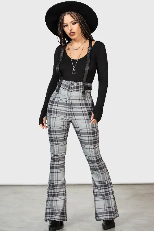 Women's pleated office pants Dark - wash women jeans for a sophisticated and slimming effect Prophet Of Doom Suspender Trousers [GREY TARTAN]