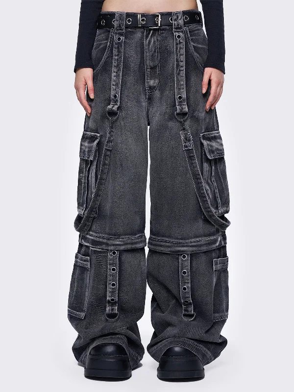 Women's hand - made artisanal pants Acid - wash women jeans with a retro finish Trek Grey Cargo Jeans Women's hand - made artisanal pants Acid - wash women jeans with a retro finish Trek Grey Cargo Jeans