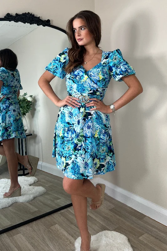 Aubrey Blue Floral Wrap Detail Mini Dress