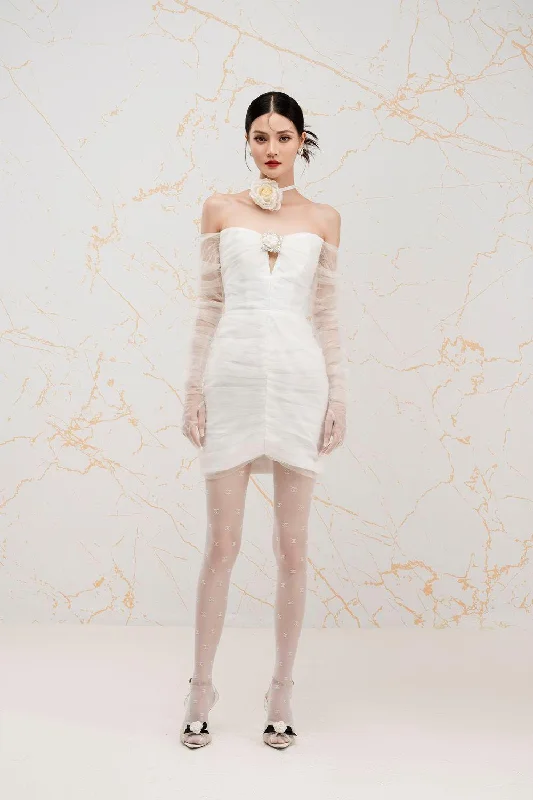 Emilia Strapless Gathered Mesh Mini Dress