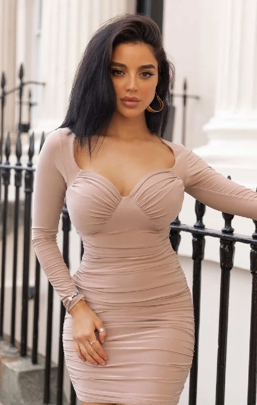 Mocha Slinky Ruched Long Sleeve Sweetheart Bodycon Mini Dress - Enid