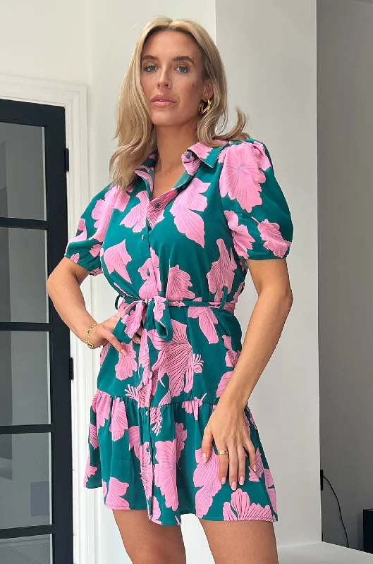 Naomi Green & Pink Floral Mini Shirt Dress