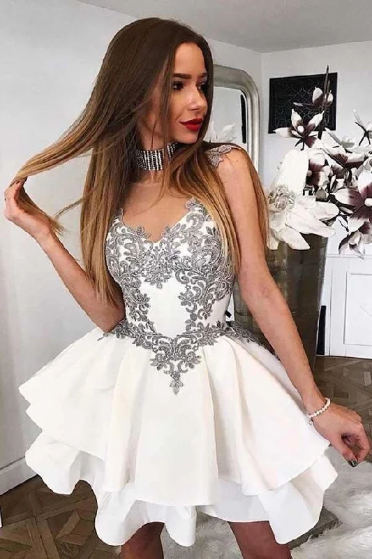 A-Line Crew Short Tiered White Homecoming Dress with Appliques PD071