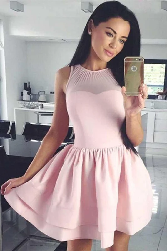 A-Line Crew Sleeveless Short Pink Tiered Satin Homecoming Dress PD087