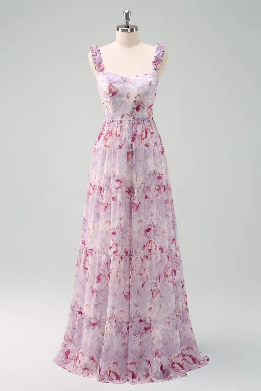 A-Line Grey Purple Spaghetti Straps Floral Long Bridesmaid Dress
