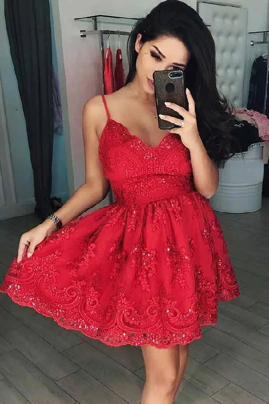 A-Line V-Neck Short Red Tulle Homecoming Dress with Appliques Beading PD082