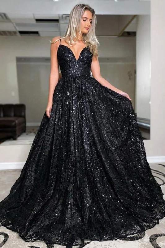 A Line V Neck Sequins Spaghetti Straps Black Long Prom Dress PSK224