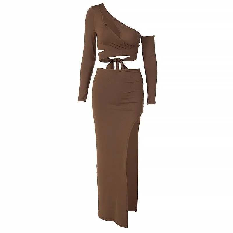 BerryBetty - Asymmetrical solid long sleeve self tie skirt set