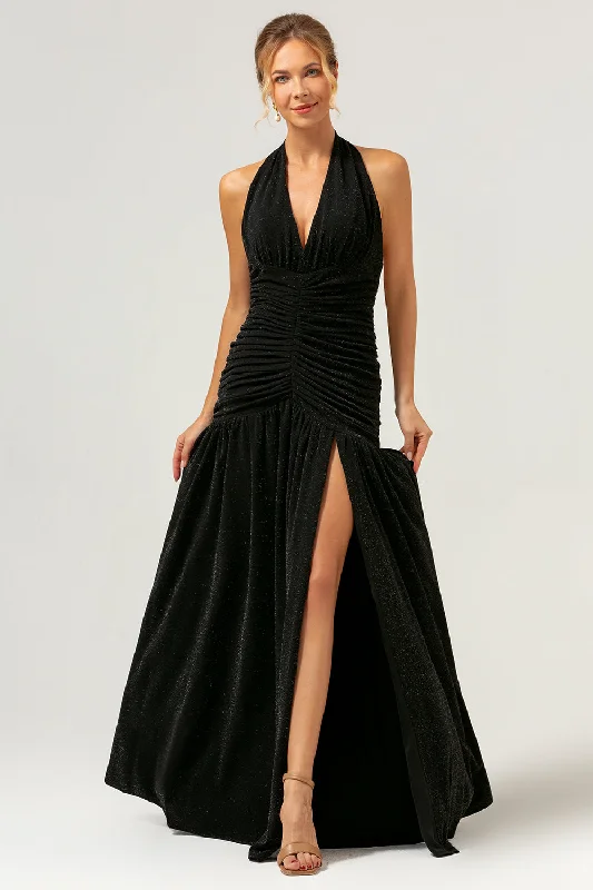 Black Mermaid Halter Pleated Backless Long Bridesmaid Dress