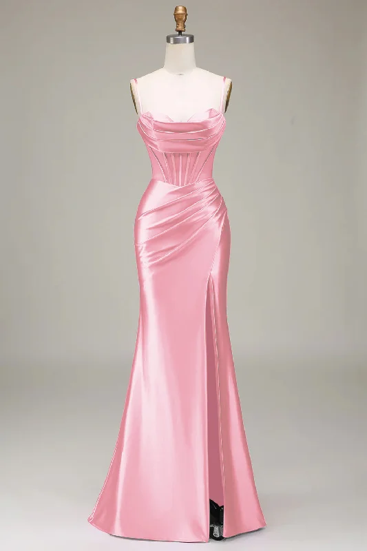 Candy Mermaid Spaghetti Straps Corset Prom Dress with Split Front