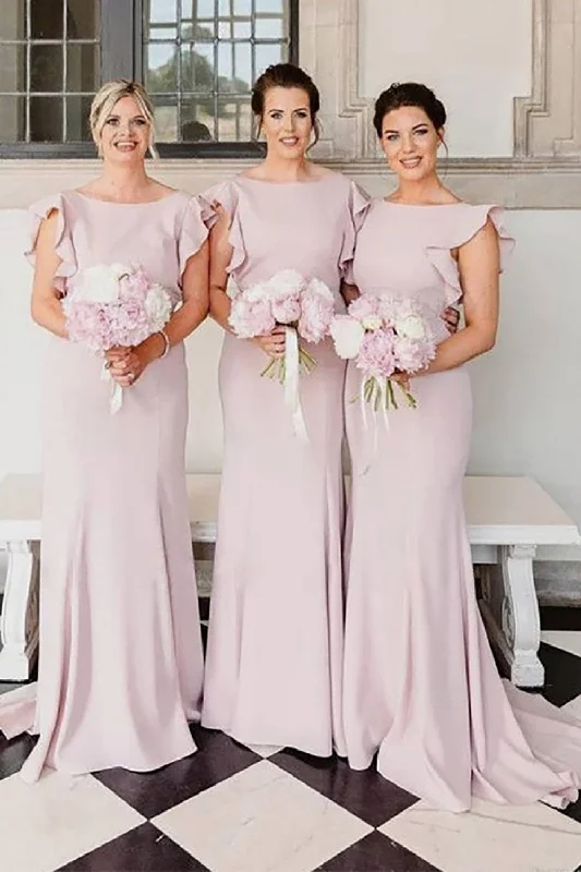 Dusty Rose Flutter Sleeve Backless Mermaid Long Bridesmaid Dress