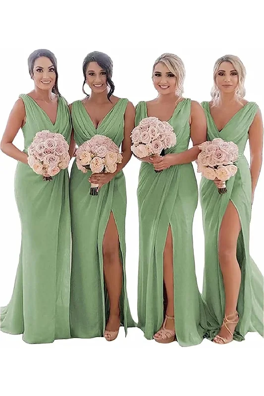 Dusty Sage Sheath Chiffon Ruched Long Bridesmaid Dress with Slit