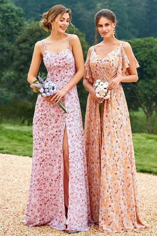 Floral Print Orange Bridesmaid Dress