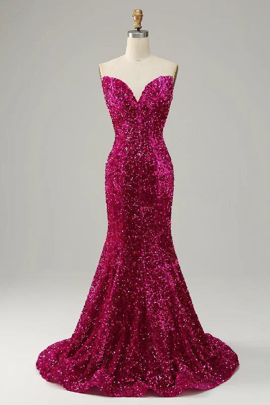 Fuchsia Sweetheart Neck Sequined Mermaid Prom Dress With Sweep Train