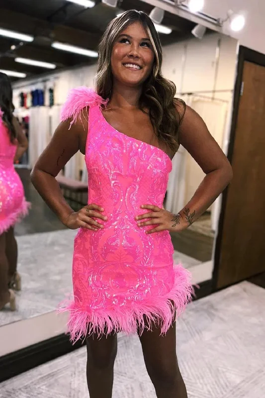 Glitter Hot Pink One Shoulder Tight Short Prom Dress with Feathers