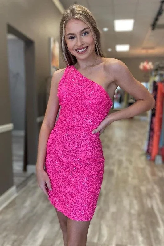 Glitter One Shoulder Hot Pink Tight Short Prom Dress Homecoming Dress PD461