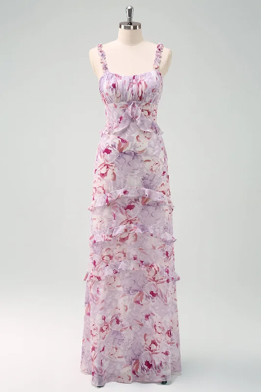 Grey Purple Floral Spaghetti Straps Long Bridesmaid Dress