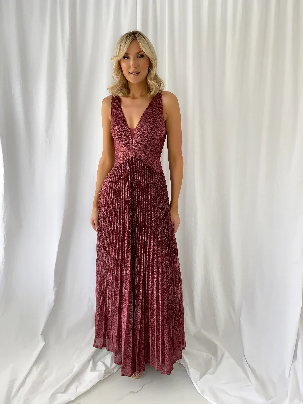 Madisson Pleated Maxi Glitter Dress - Burgundy