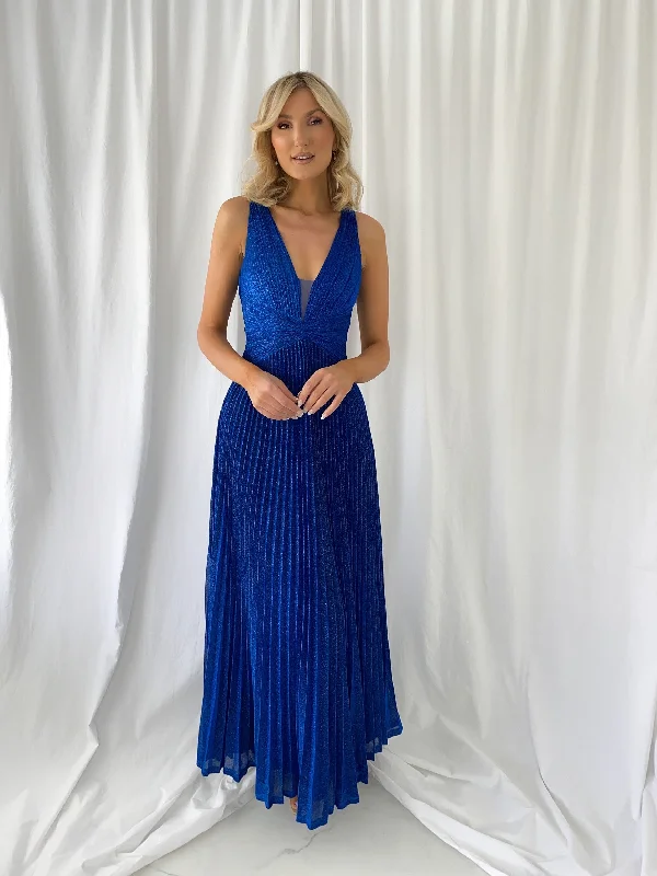 Madisson Pleated Maxi Glitter Dress - Royal Blue