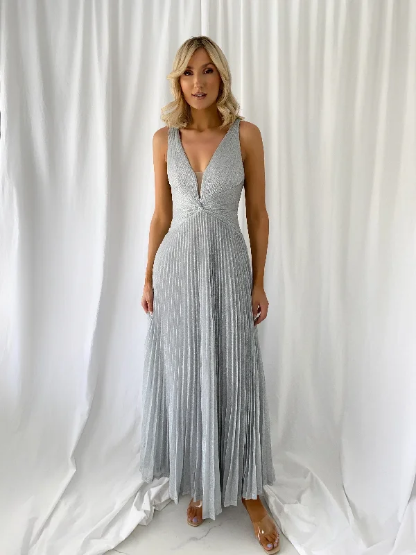 Madisson Pleated Maxi Glitter Dress - Silver