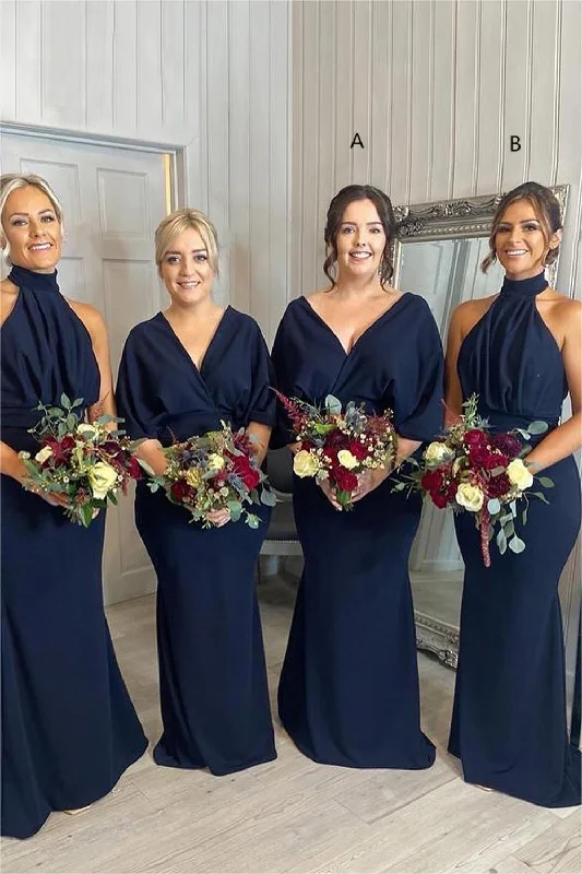 Navy Satin V-Neck Fitted Long Sleeve Long Bridesmaid Dress