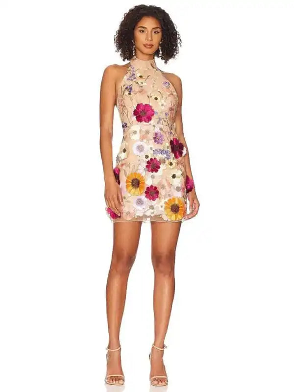 New women’s embroidered three-dimensional flower halter neck slim dress small dress