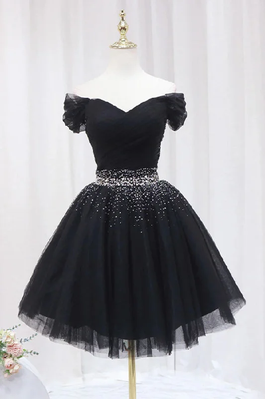 Off The Shoulder Black Homecoming Dress Tulle Short Prom Dress  PD468