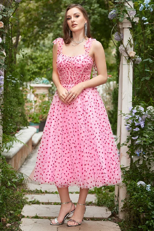 Pink Tulle A-line Midi Prom Dress with Hearts