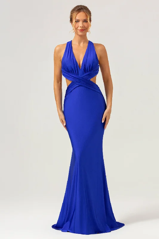 Royal Blue Mermaid V Neck Cut Out Ruched Long Bridesmaid Dress