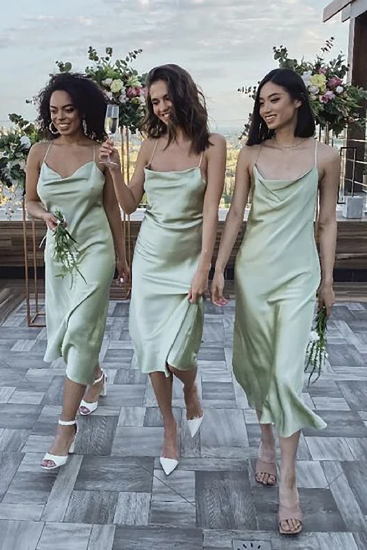 Sage Spaghetti Straps Mid-Calf Simple Bridesmaid Dress