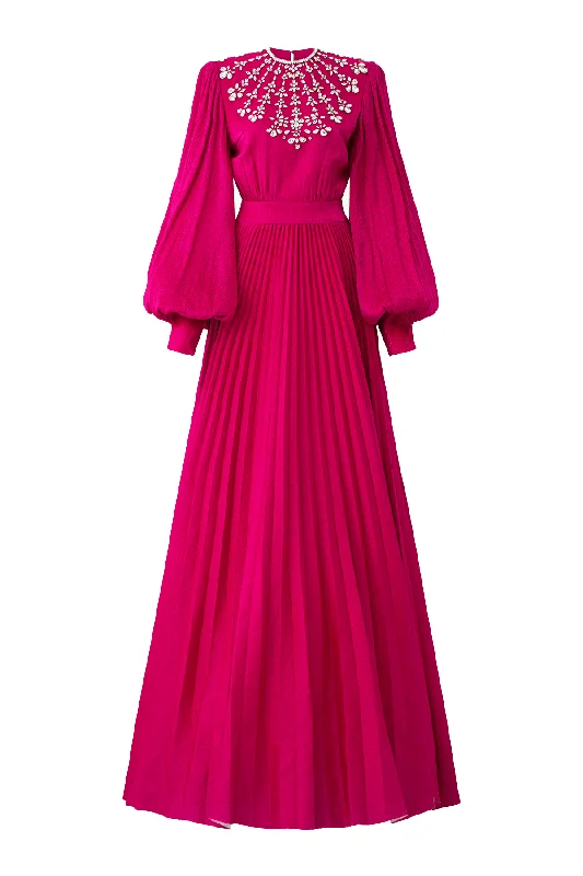 Scarlet Pleated Bishop Sleeved Silk Maxi Dress