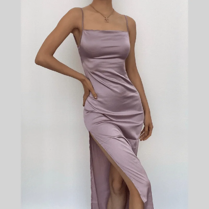 BerryBetty - Sleeveless solid slit self tie backless satin midi dress