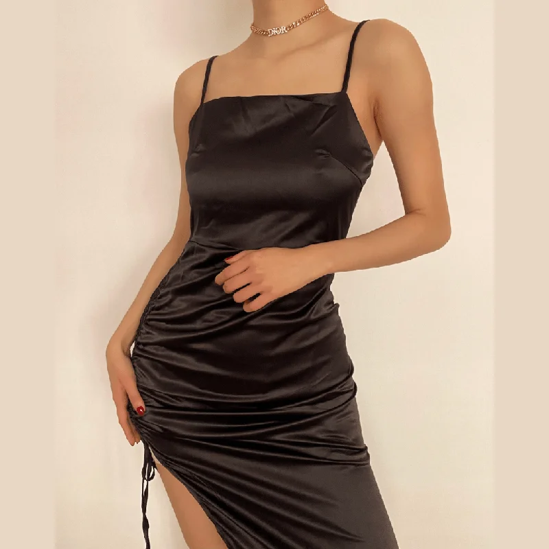 BerryBetty - Square neck drawstring ruched slit satin midi dress