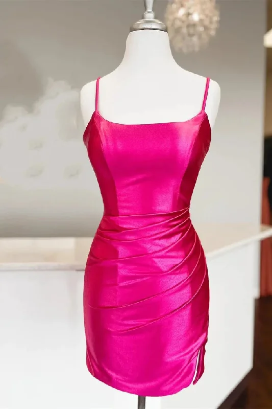 Straps Fuchsia Ruched Bodycon Tight Satin Homecoming Dress PD476