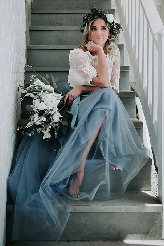 Tulle A-Line Grey Blue Long Prom Bridesmaid Dress with Lace