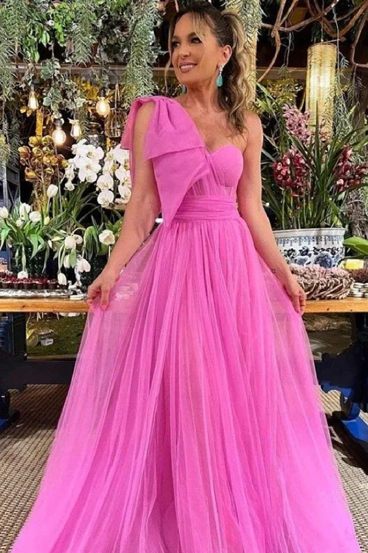 Tulle One Shoulder Hot Pink Long Bridesmaid Dress