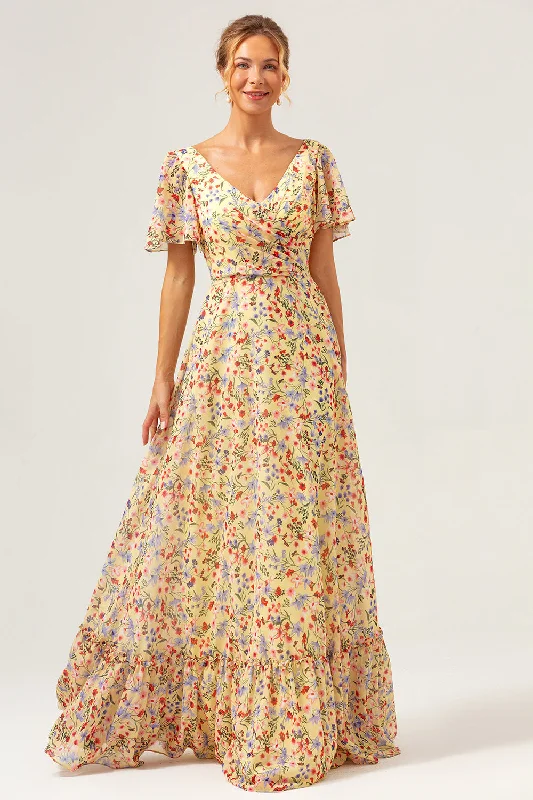 Yellow Flower Printed A-Line V-neck Short Sleeves Long Prom Dress