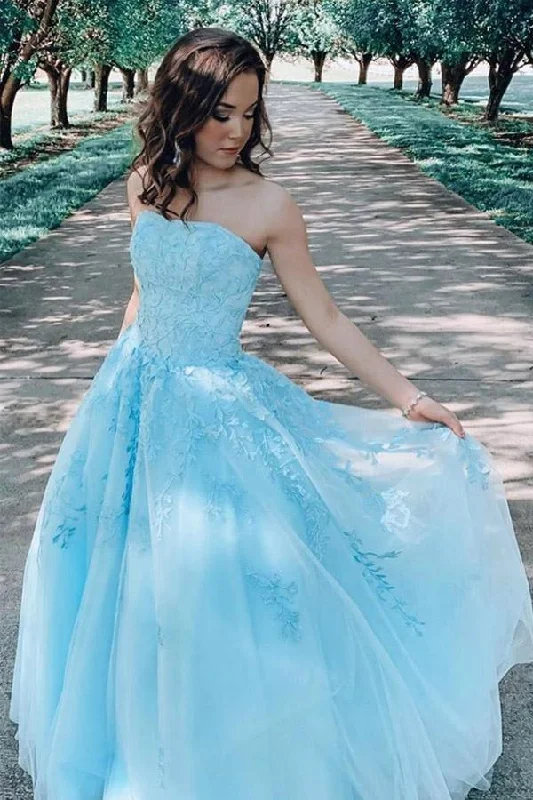 A-line Blue Lace Appliques Long Prom Dress Evening Dress PSK196