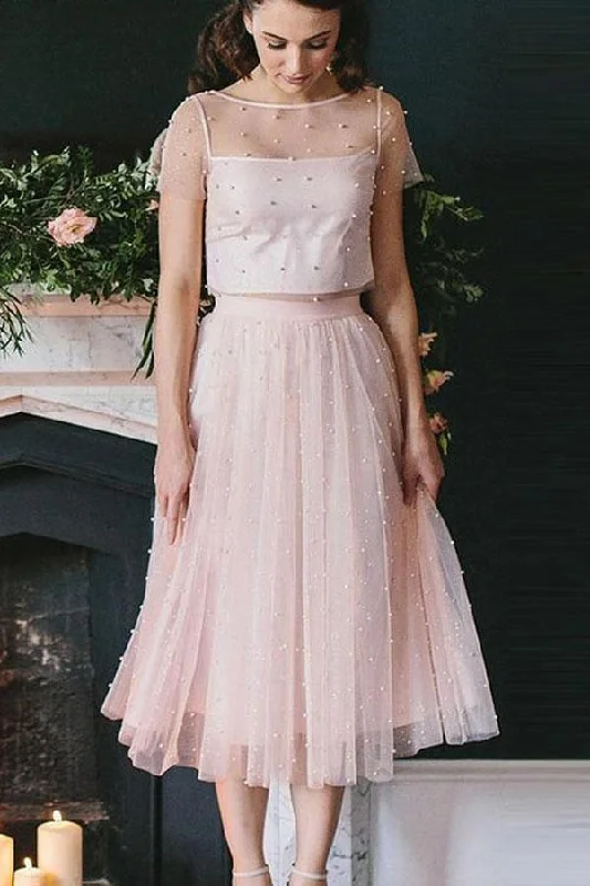 A-Line/Princess Tulle Short Sleeves Scoop Tea-Length Two Piece Dresses  PD412