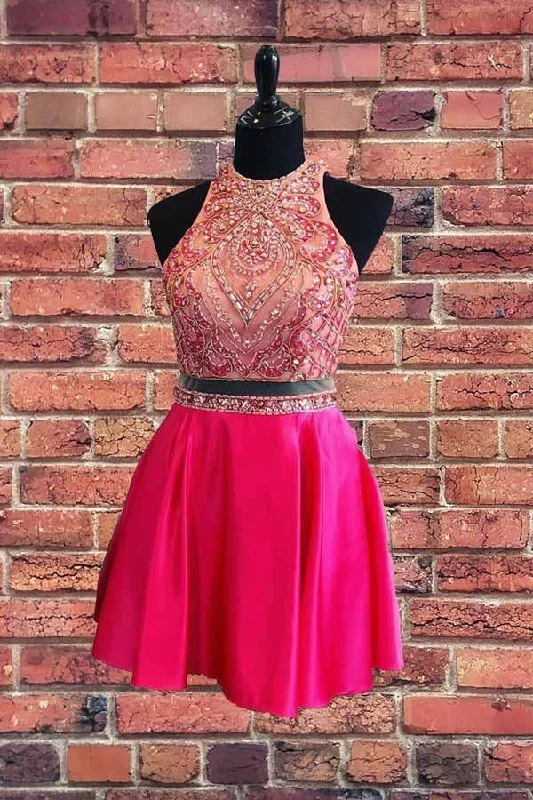 Beaded Two Piece Short Prom Dress Hot Pink Homecoming Dress  PD337