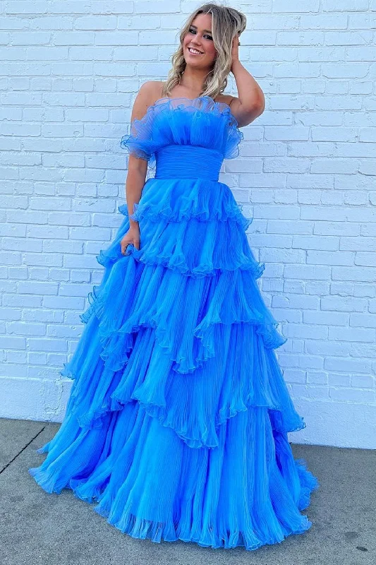 Blue Strapless Long Ruffled Prom Dress