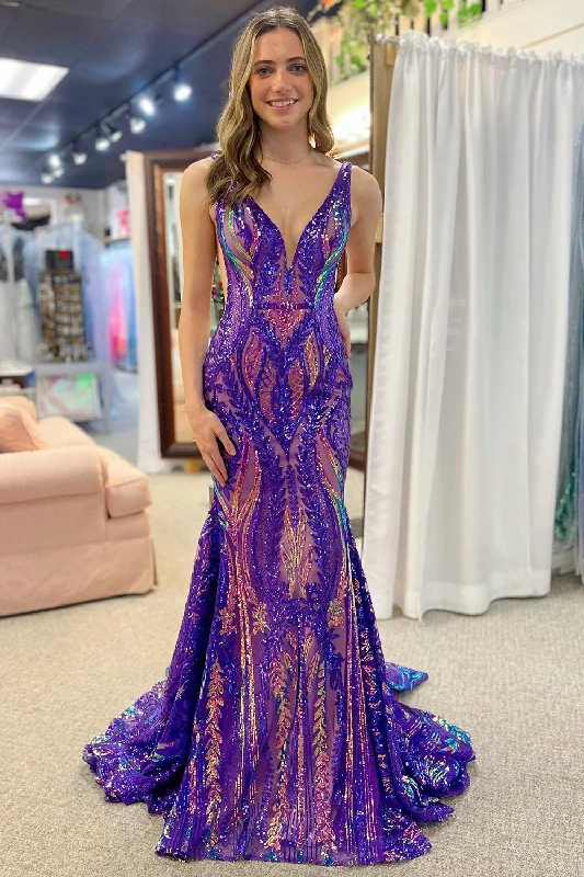 Dark Purple V Neck Mermaid Sequins Long Prom Dress