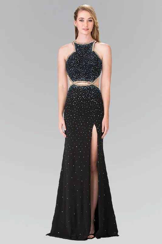 Elizabeth K - GL2265 Sequined Halter Long Dress with Slit
