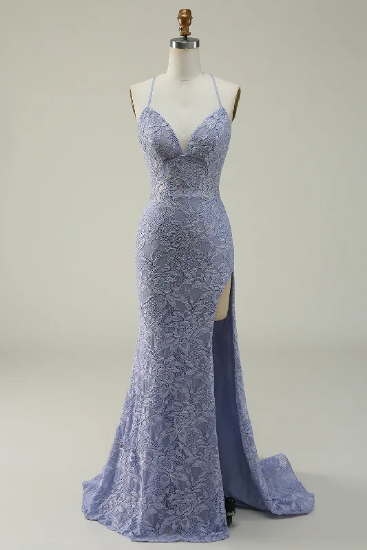 Halter Lace Purple Long Prom Dress with Slit