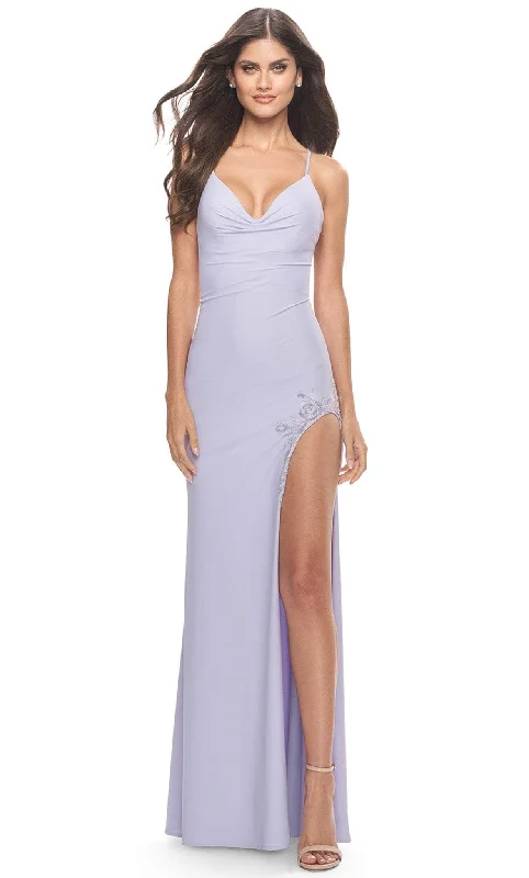 La Femme 31574 - Draped Neckline High Slit Fitted Long Dress