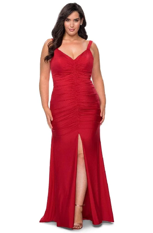 La Femme - Ruched Jersey Trumpet Dress with Slit 29027SC