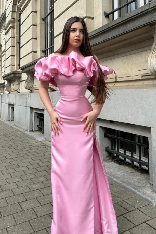 Mermaid Off the Shoulder Pink Prom Dress with Split Front