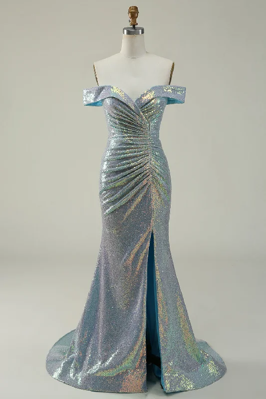 Off The Shoulder Mermaid Sparkly Blue Sequins Long Prom Dress with Slit