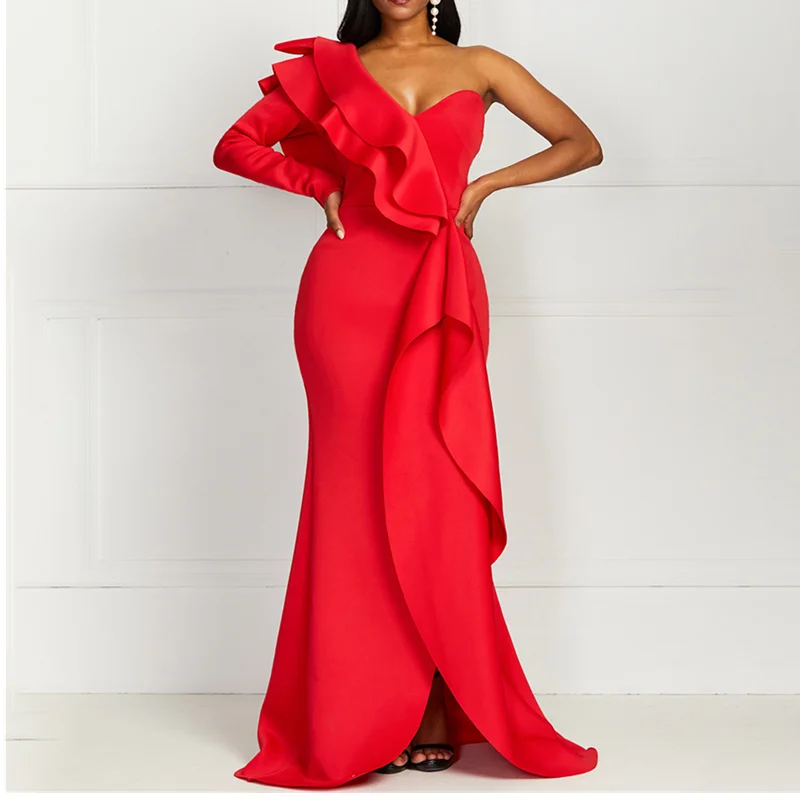 Sexy One Shoulder Backless Asymmetrical Red Maxi Women Evening Dresses